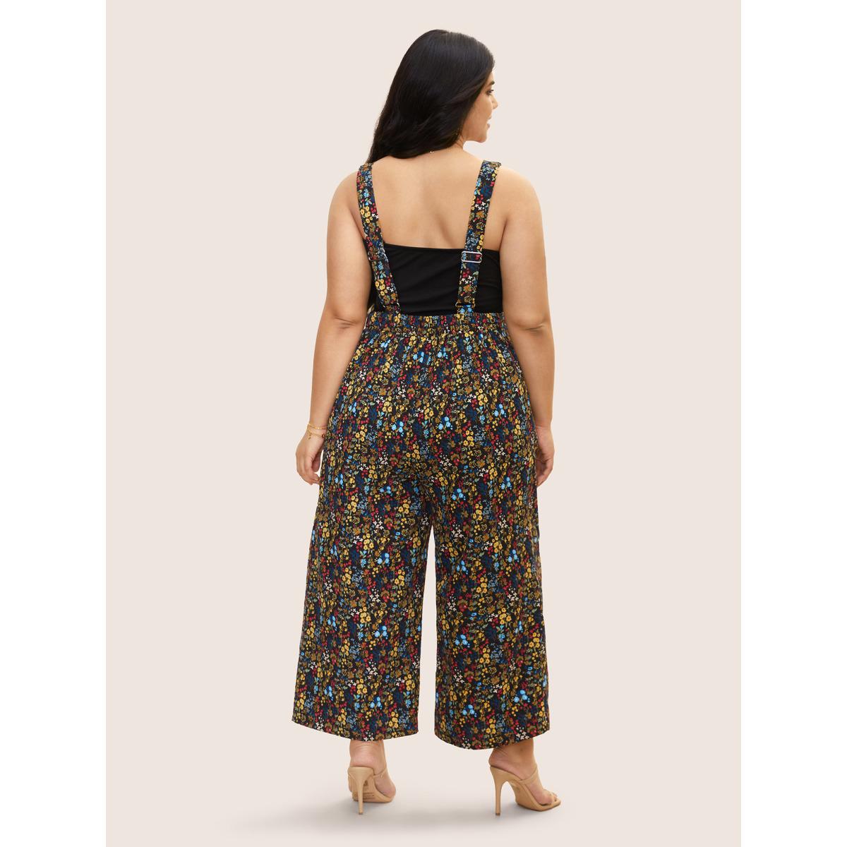 Plus Size Black Square Neck Ditsy Floral Elastic Waist Jumpsuit Women Elegant Sleeveless Square Neck Everyday Loose Jumpsuits BloomChic 22-24/3X Product Image