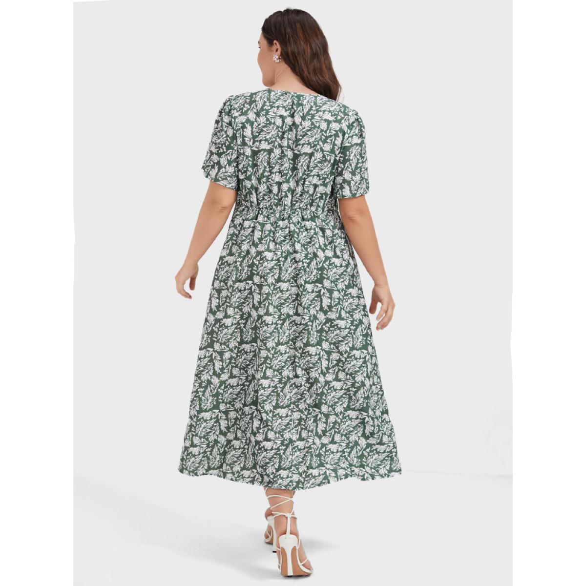 Plus Size Plants Printed V Neck Ruffles Split Midi Dress Green Women Casual Square Neck Short sleeve Curvy Midi Dress BloomChic 30/6X Product Image