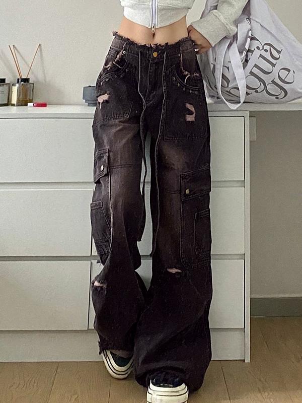 Vintage Distressed Studded Ripped Cargo Jeans Product Image