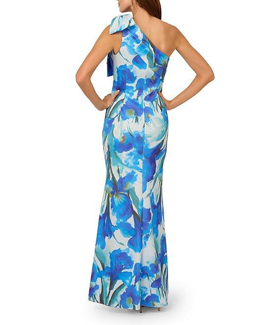 Adrianna Papell Scuba Floral Print One-Shoulder Neck Sleeveless Bow Detail Mermaid Gown Product Image