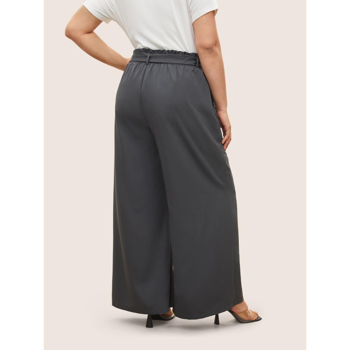 Plus Size Plain Paperbag Waist Belted Wide Leg Pants Women DimGray Elegant Wide Leg High Rise Everyday Pants BloomChic 14-16/1X Product Image