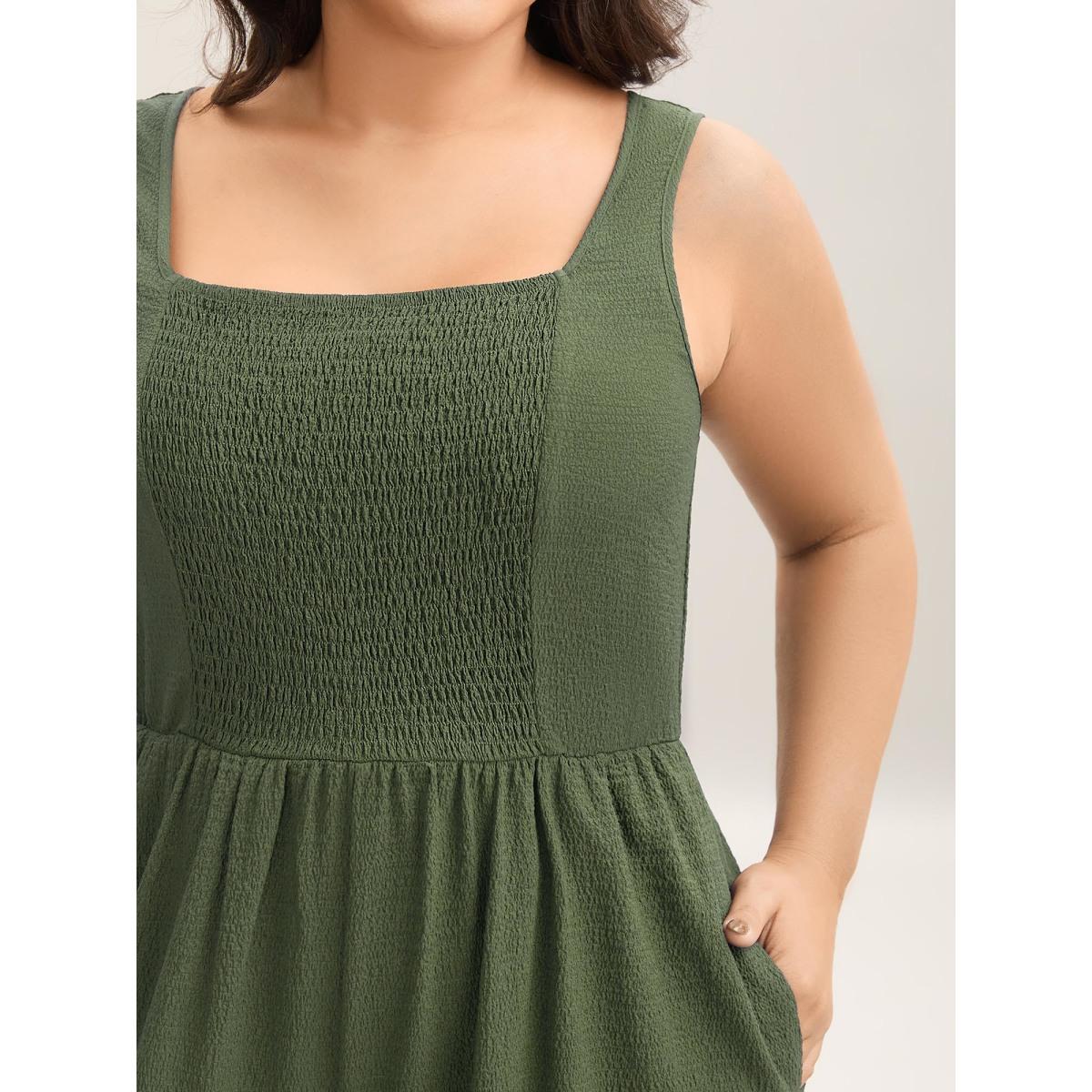 Plus Size ArmyGreen Shirred Pockets Wide-Leg Plain Jumpsuit Women Leisure Sleeveless Non Vacation Loose Jumpsuits BloomChic 28/5X Product Image