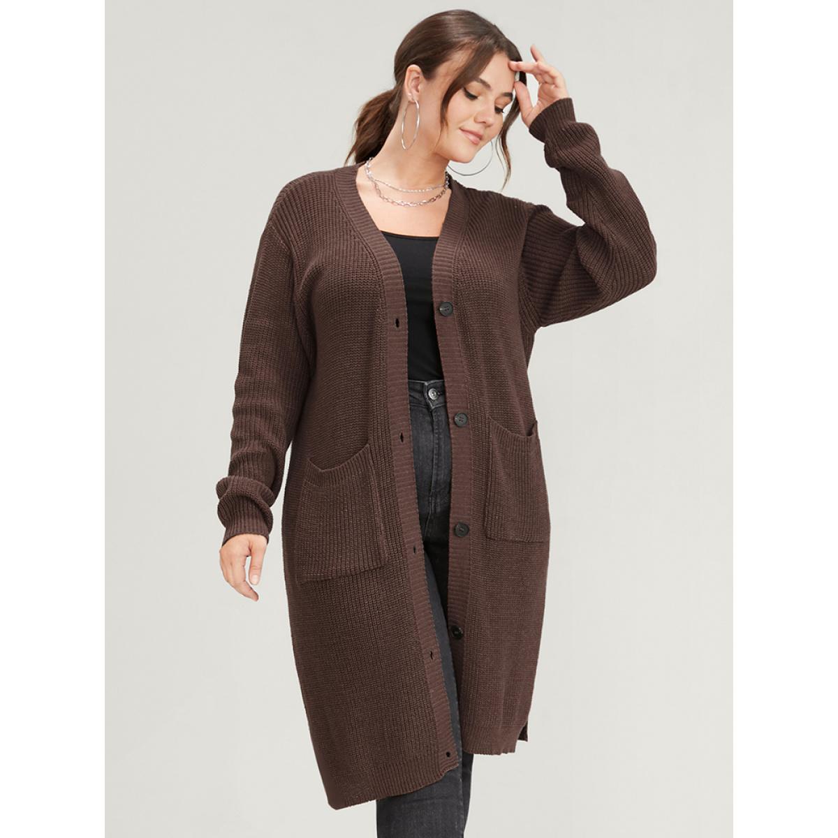 Plus Size Plain Pointelle Knit Split Hem Pocket Button Front Long Cardigan DarkBrown Women Casual Loose Long Sleeve Dailywear Cardigans BloomChic 14-16/1X Product Image