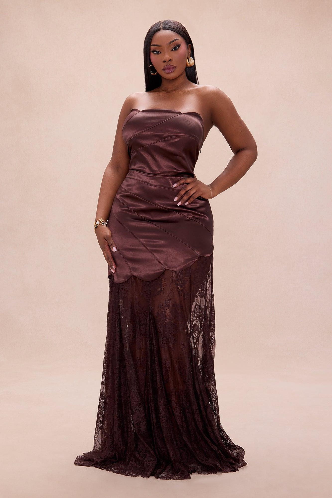 Cassandra Drop Waist Satin Lace Gown - Chocolate Female Product Image