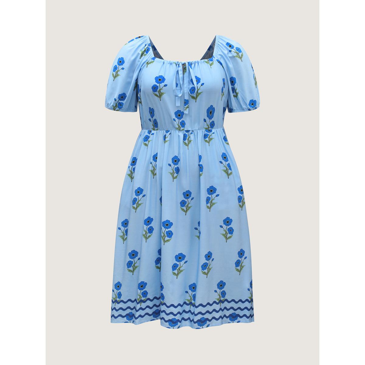 Plus Size Rayon Neck Tie Pockets Floral Midi Dress Skyblue Women Square Neck Short sleeve Curvy BloomChic 26/4X Product Image