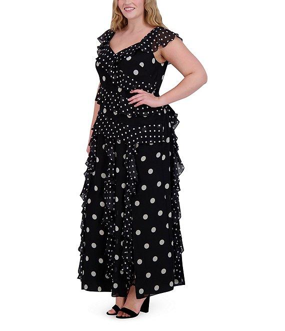 Eliza J Plus Size V Neck Flutter Sleeve Polka Dot Asymmetrical Ruffle Gown Product Image