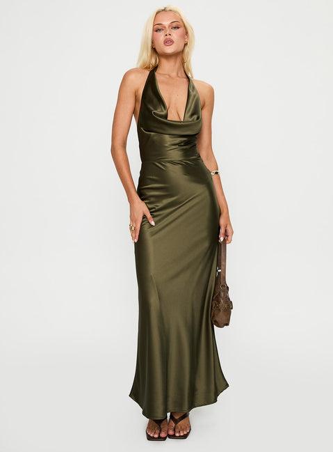 Iridescent Plunge Maxi Dress Olive Green Product Image