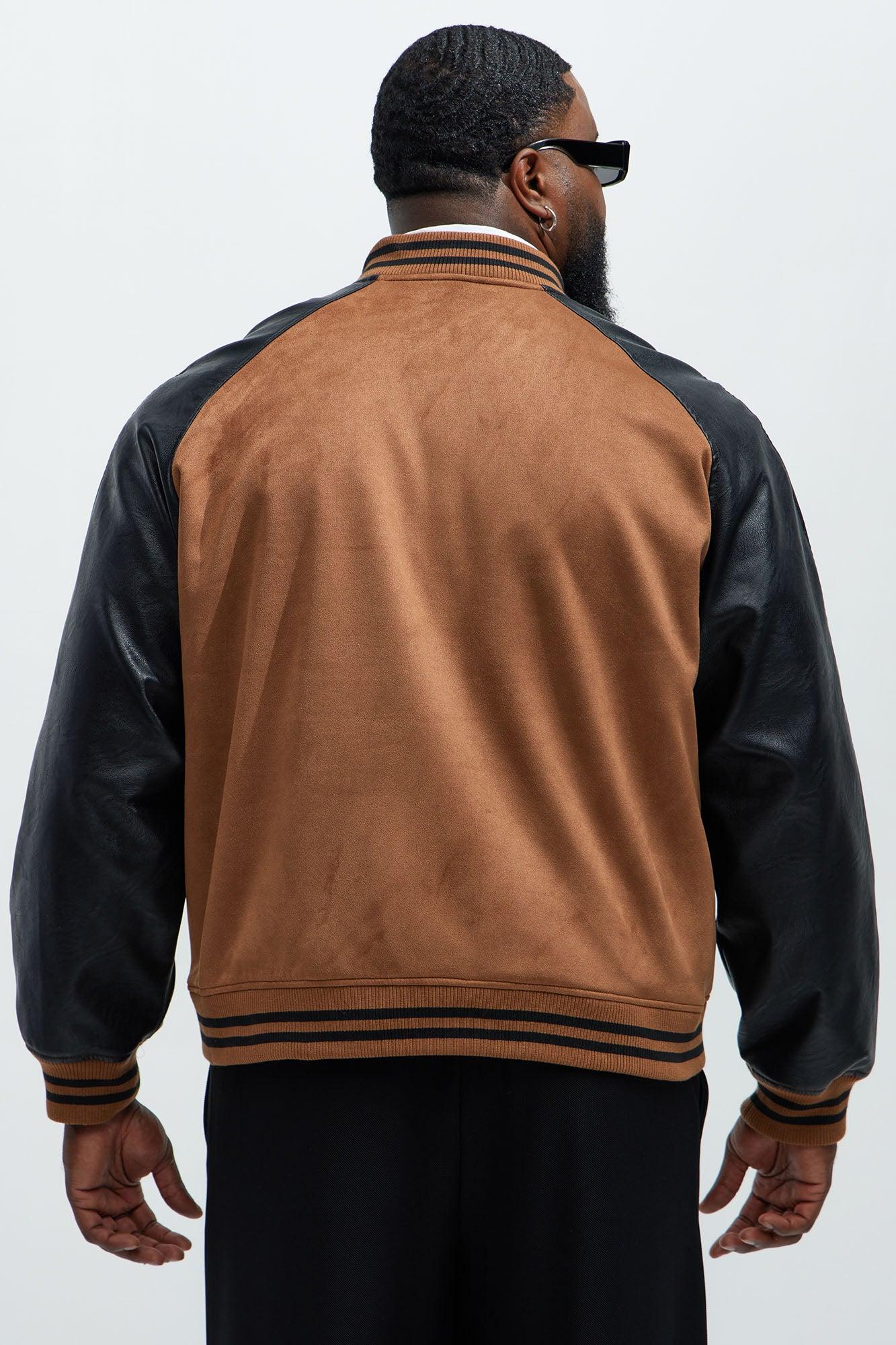 Faux Suede Raglan Varsity Jacket - Camel/combo Product Image