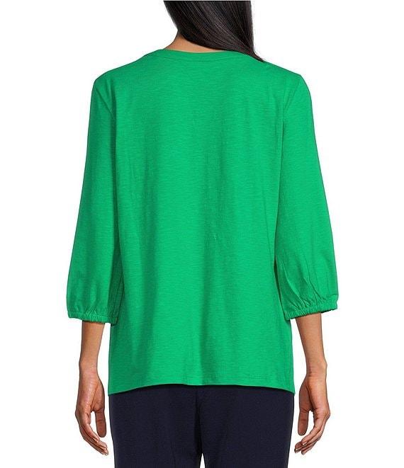 Allison Daley Embroidered 3/4 Cuff Sleeve Split V-Neck Top Product Image