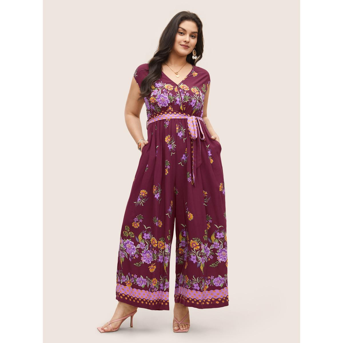 Plus Size RedViolet Boho Print Overlap Collar Belted Sleeveless Jumpsuit Women Resort Cap Sleeve V-neck Vacation Loose Jumpsuits BloomChic 22-24/3X Product Image