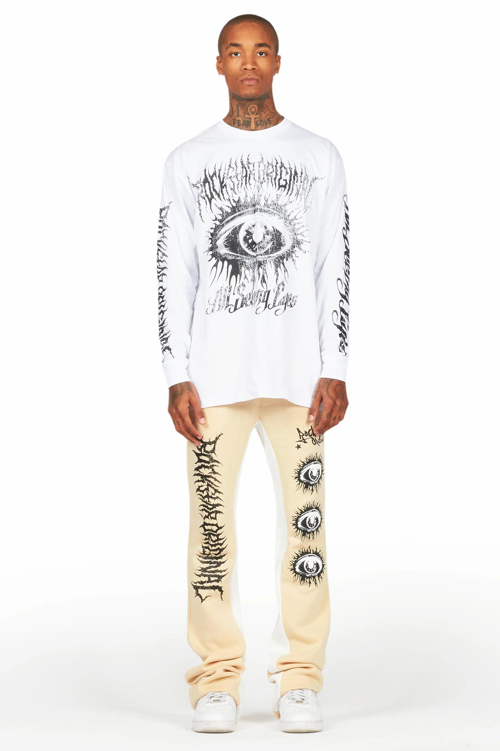All Seeing Eyes White/Beige Long Sleeve T-Shirt/Baggy Pant Set Male Product Image