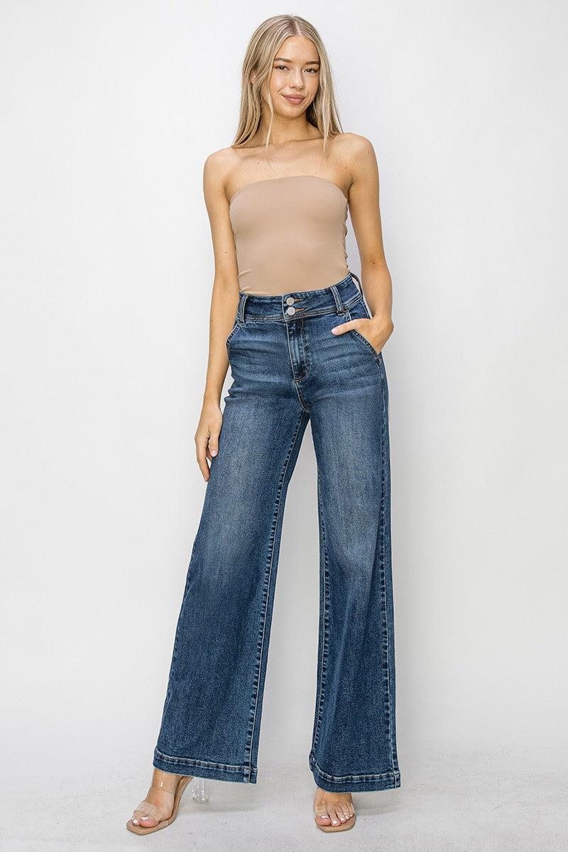PLUS High Rise Wide Leg Double Button Jeans Product Image