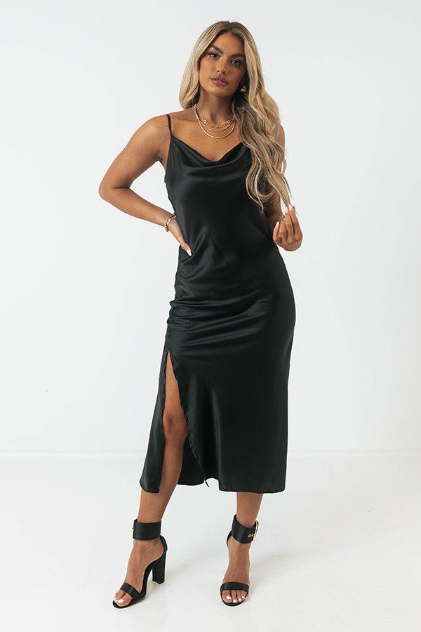 Classy And Confident Satin Midi In Black Product Image