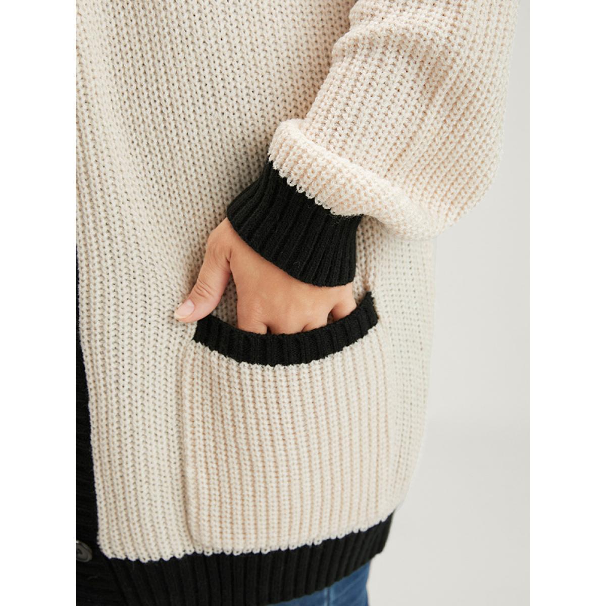 Plus Size Contrast Trim Pointelle Knit Pocket Button Front Cardigan Beige Women Elegant Loose Long Sleeve Dailywear Cardigans BloomChic 14-16/1X Product Image