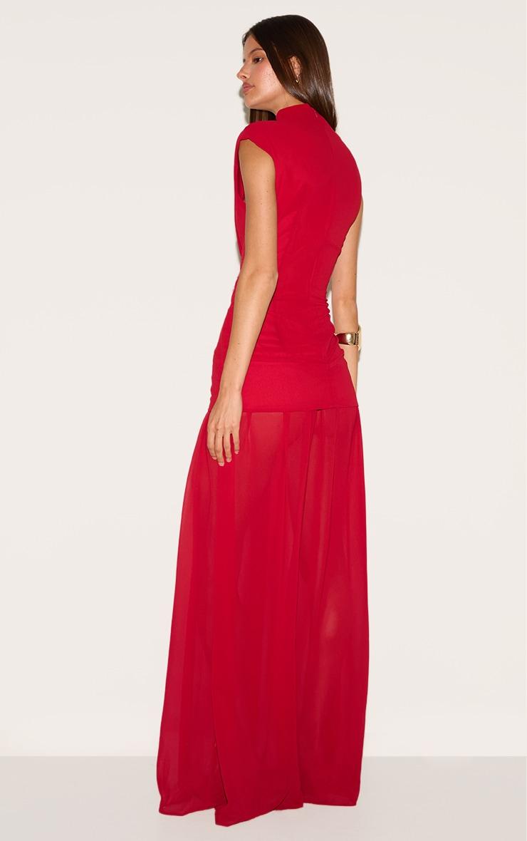 Red Chiffon Ruched Dropped Waist Sleeveless Maxi Dress Product Image