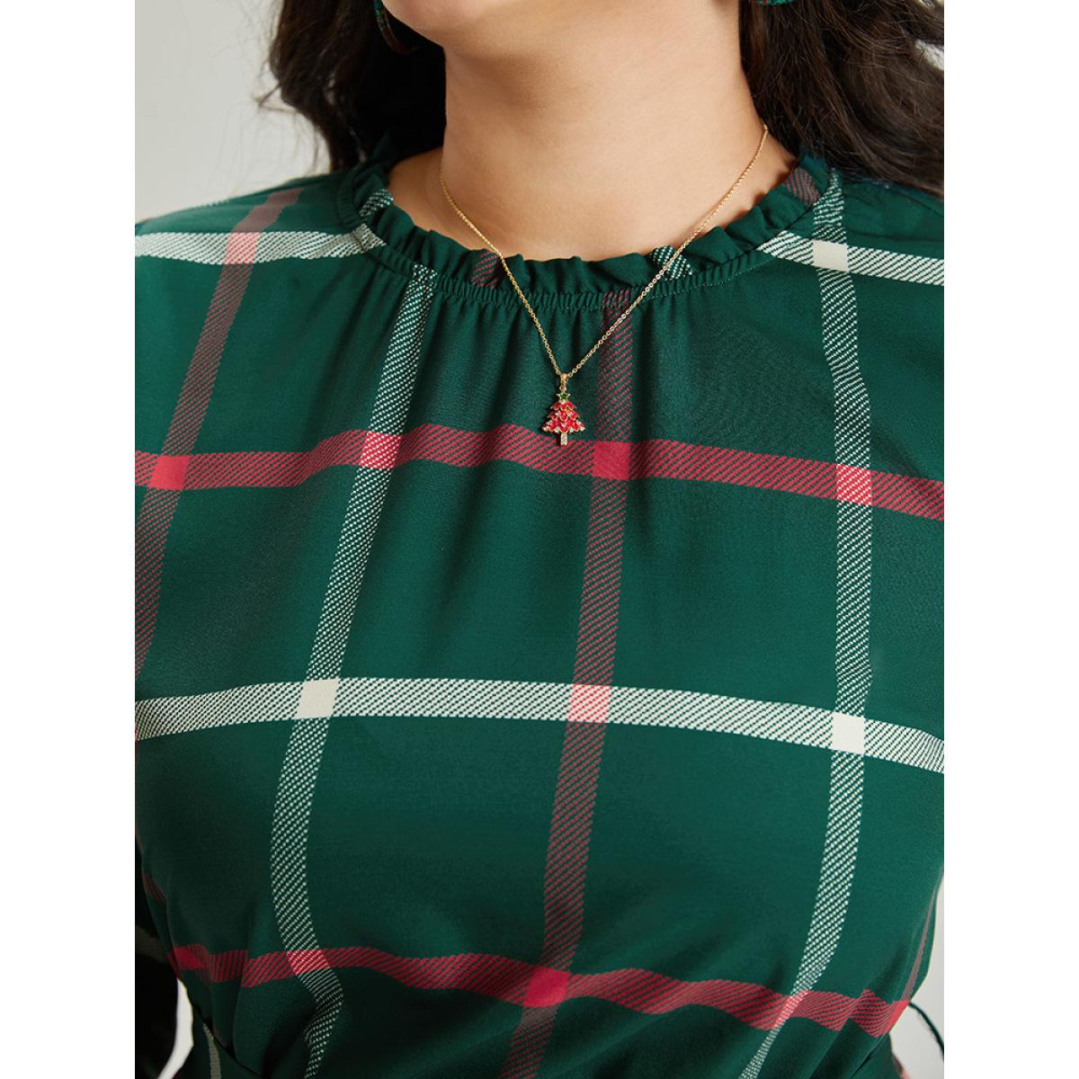 Plus Size Plaid Stand Collar Gathered Belted Dress Multicolor Women Office Printed Stand-up collar Elbow-length sleeve Curvy Midi Dress BloomChic 22-24/3X Product Image