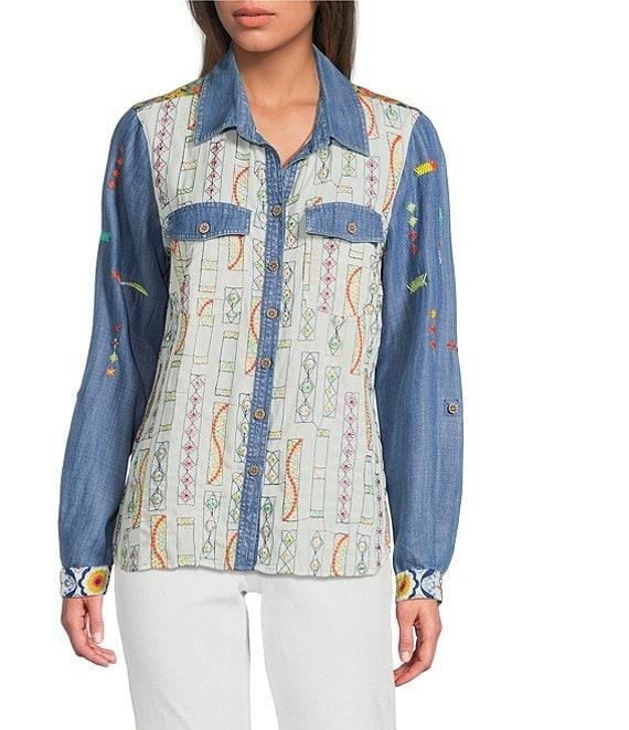 John Mark Embroidered Printed Point Collar Long Roll-Tab Sleeve Button-Front Top Product Image