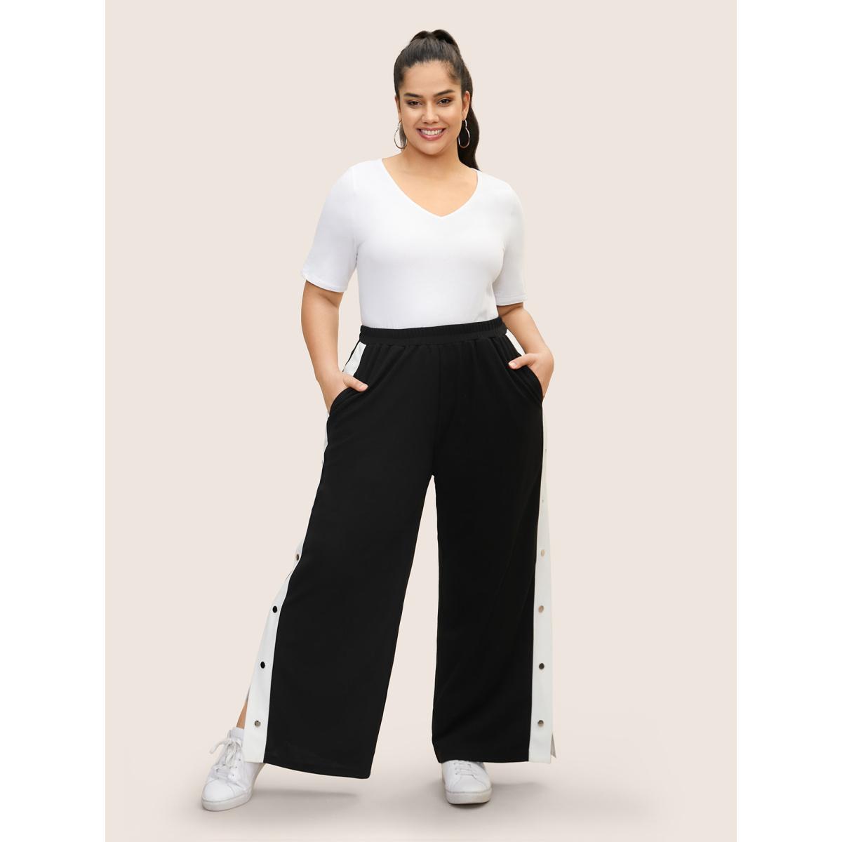Plus Size Contrast Snap Button Side Wide Leg Pants Women Black Casual Wide Leg High Rise Everyday Pants BloomChic 28/5X Product Image
