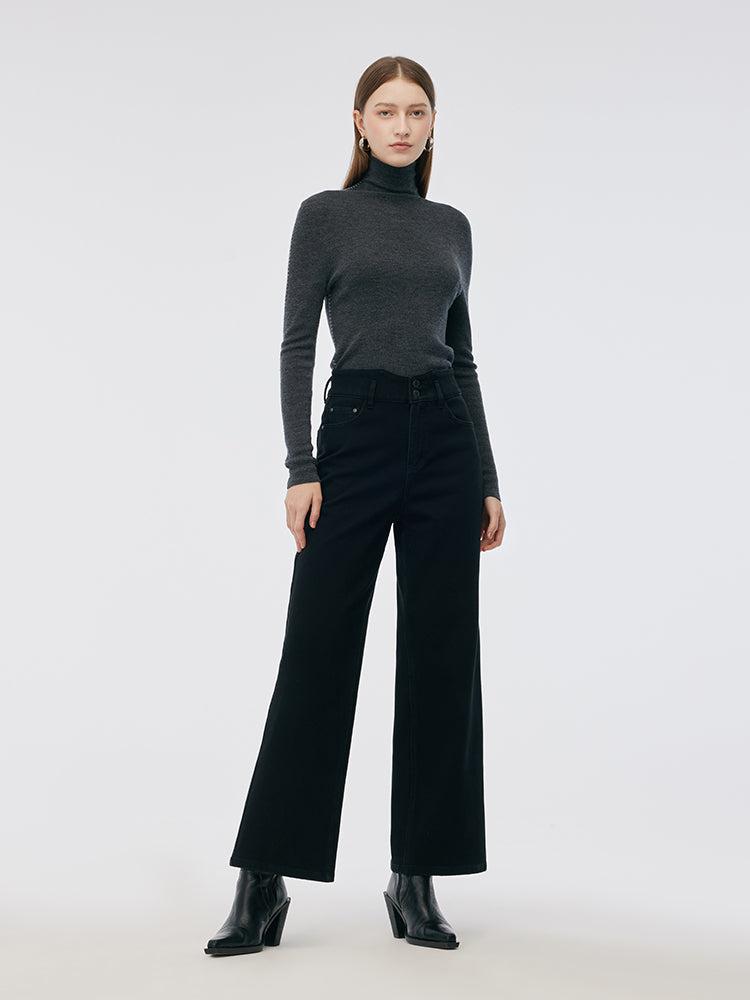 Denim High Waisted Fleece Lined Women Wide Leg Jeans Product Image