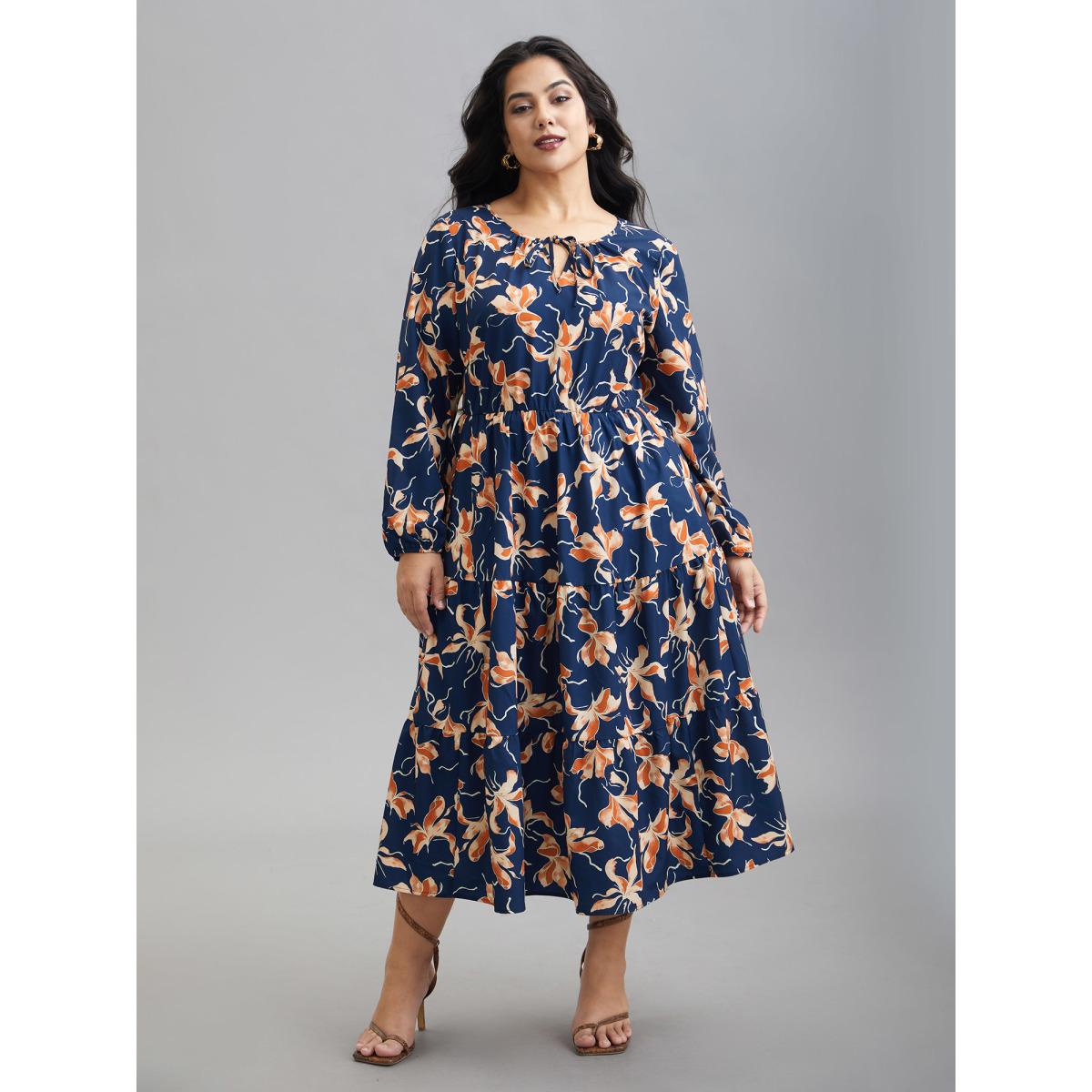Plus Size Tropical Flower Print Pockets Waist-Tie Midi Dress Navy Women Elegant Tie knot Round Neck Long Sleeve Curvy BloomChic 28/5X Product Image
