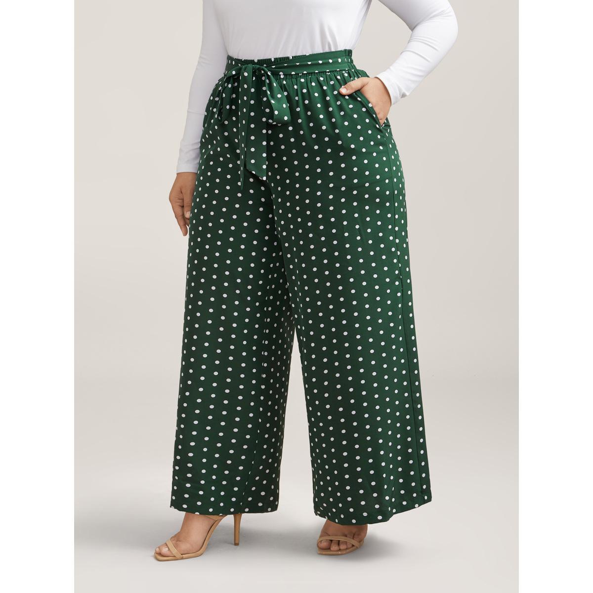 Plus Size Polka Dots Tied Wide Leg Pants Women DarkGreen Elegant Wide Leg Mid Rise Everyday Pants BloomChic 18-20/2X Product Image