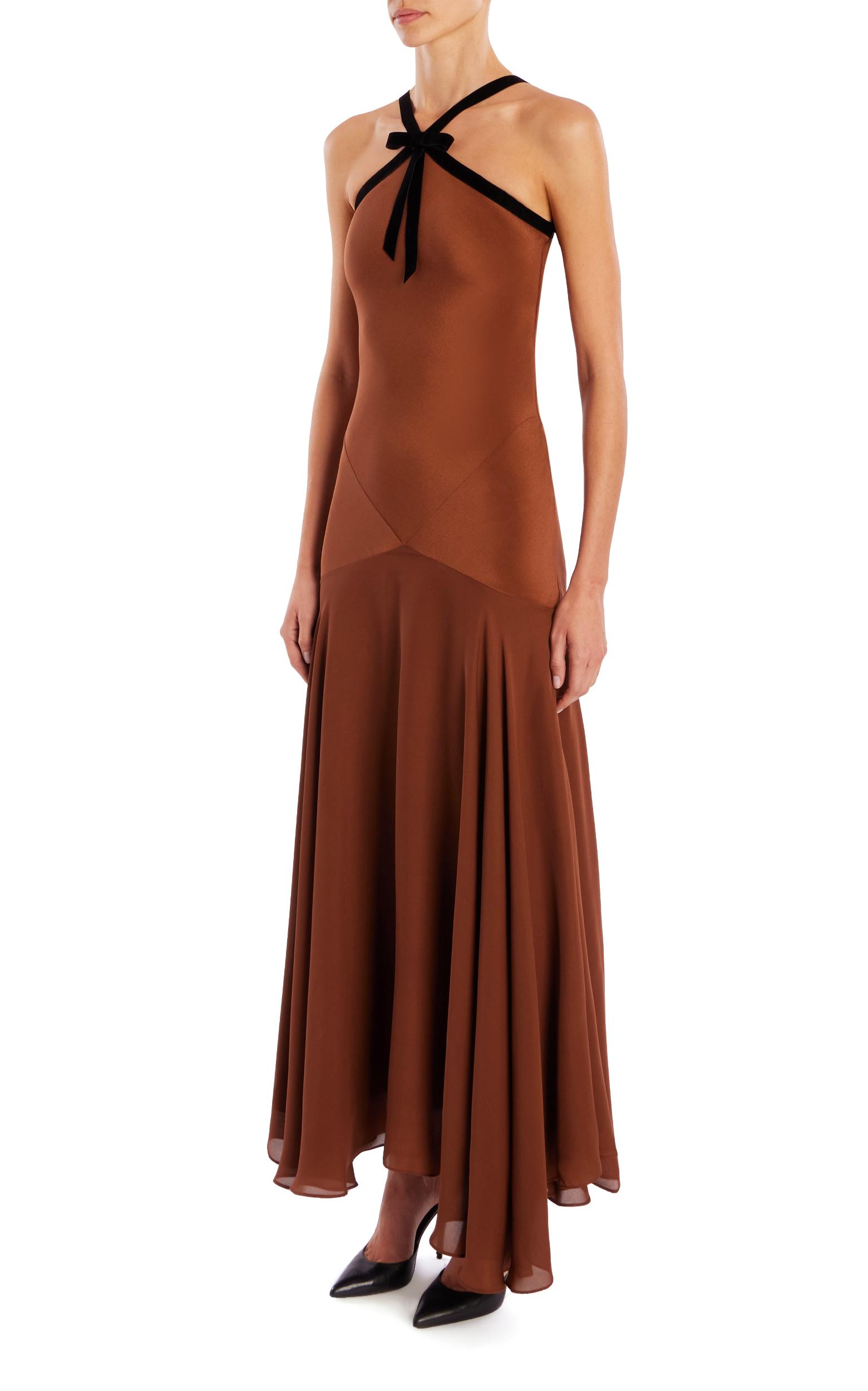 Brown Silk Crepe Bias Dress With Black Velvet Ribbon Bow Detail Product Image