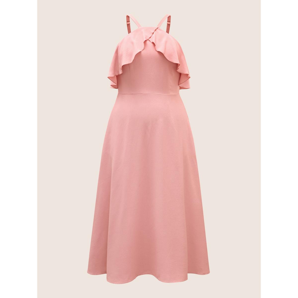 Plus Size Plain Ruffle Trim Pocket Adjustable Straps Dress Watermelon Women Formal Ruffles Non Sleeveless Curvy Midi Dress BloomChic 10/M Product Image