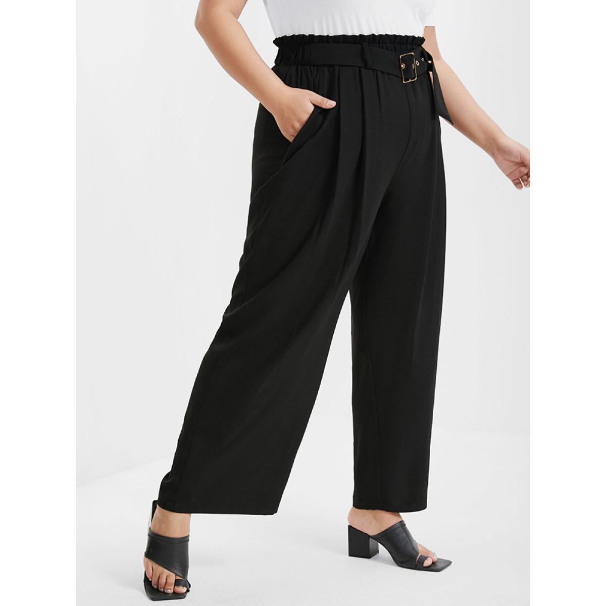 Plus Size Solid Pocket Belted Elastic Waist Pants Women Black Casual High Rise Dailywear Pants BloomChic 14-16/1X Product Image