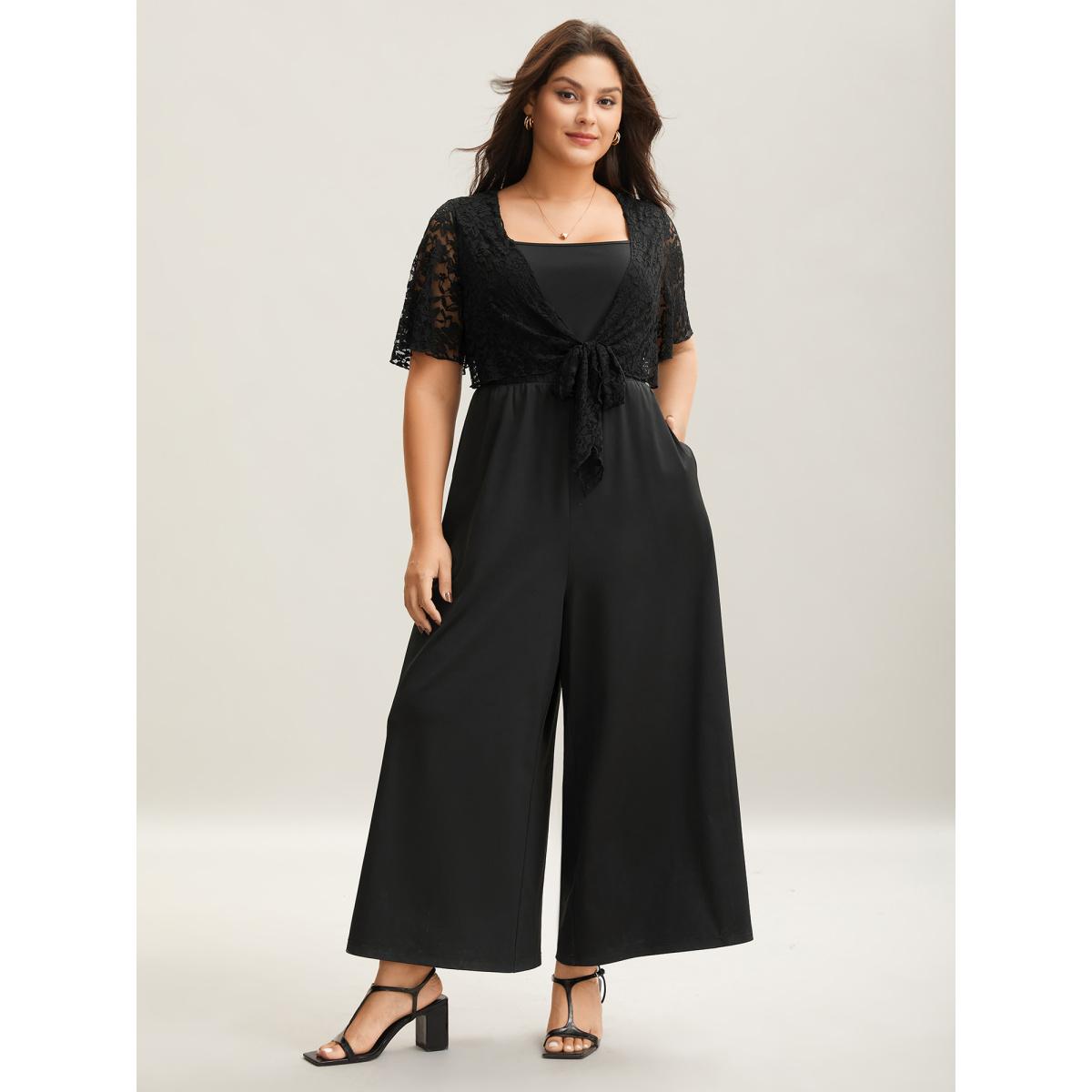 Plus Size Black Front-Tie Sheer Lace Sleeve Jumpsuit Women Elegant Short sleeve Asymmetrical Neck Everyday-Elegant Loose Jumpsuits BloomChic 14-16/1X Product Image