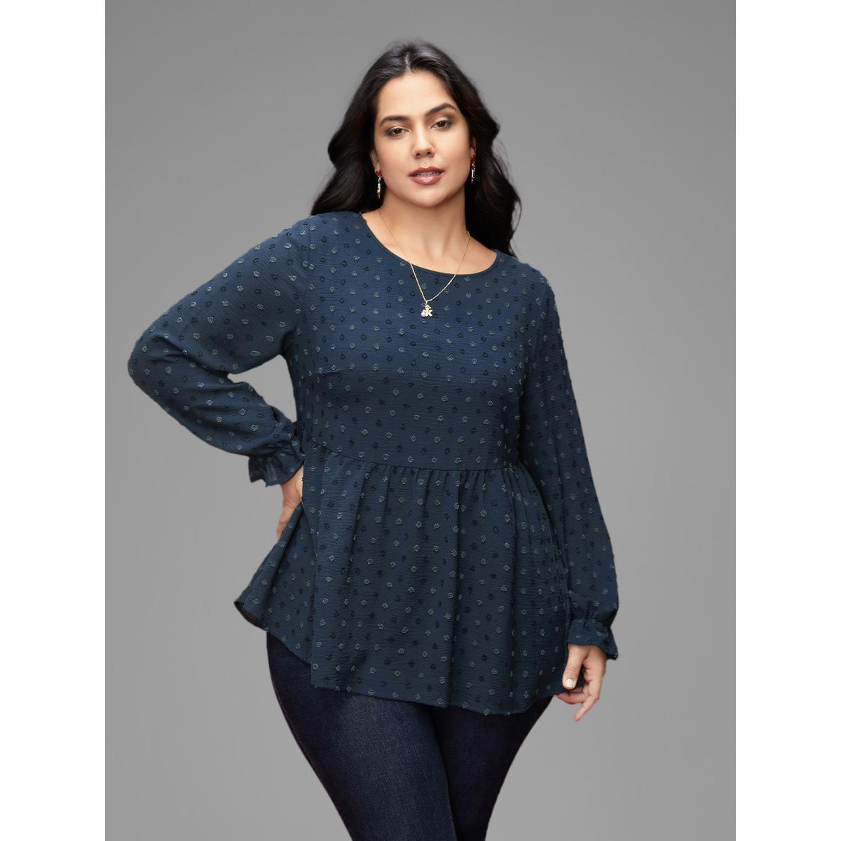 Plus Size Plum Textured Dot Elastic Cuffs A-line Blouse Women Leisure Long Sleeve Round Neck Casual Blouses BloomChic 10/M Product Image