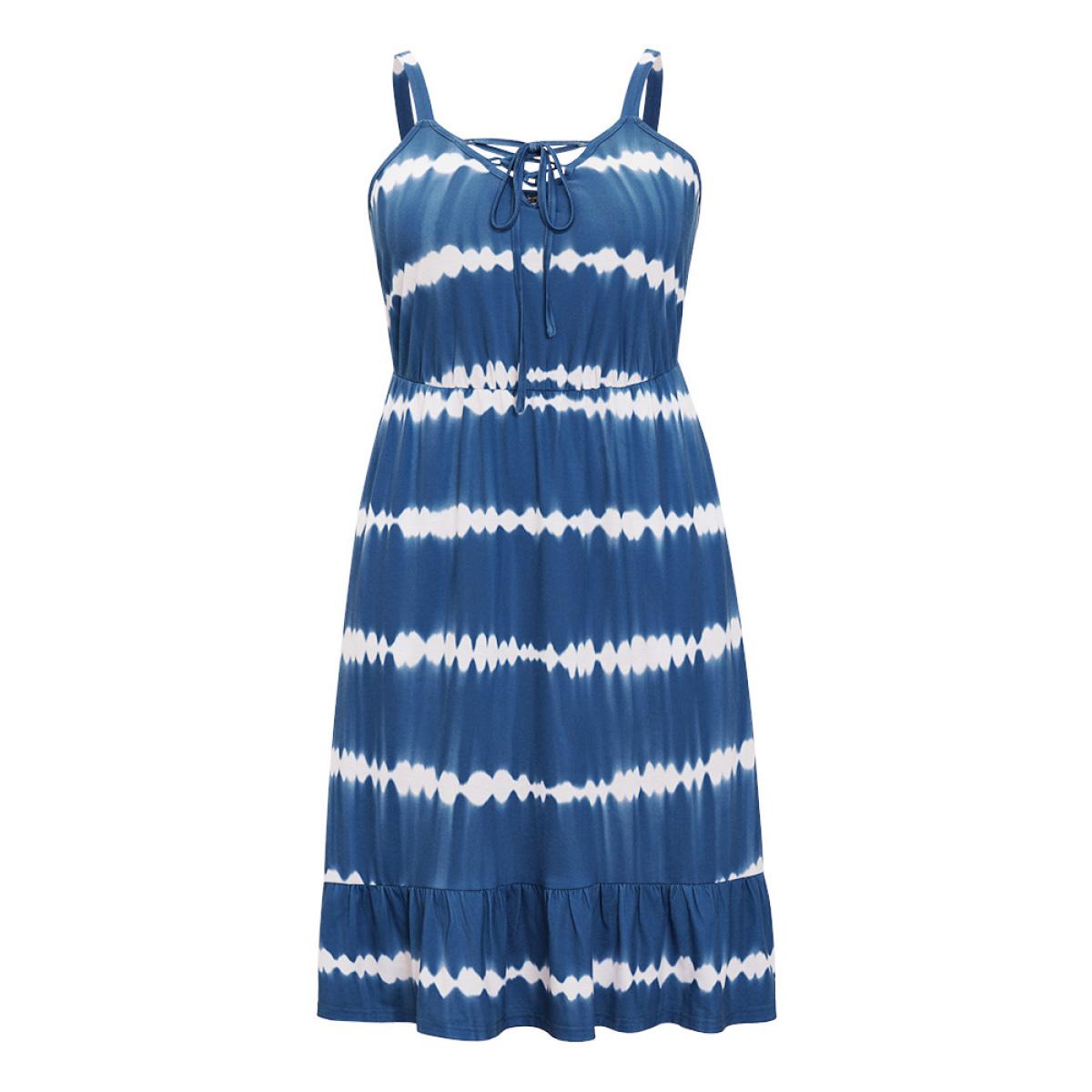 Plus Size Tie Dye Lace Up Pocket Striped Cami Dress Indigo Women Vacation Adjustable Straps Spaghetti Strap Sleeveless Curvy Midi Dress BloomChic 12/L Product Image
