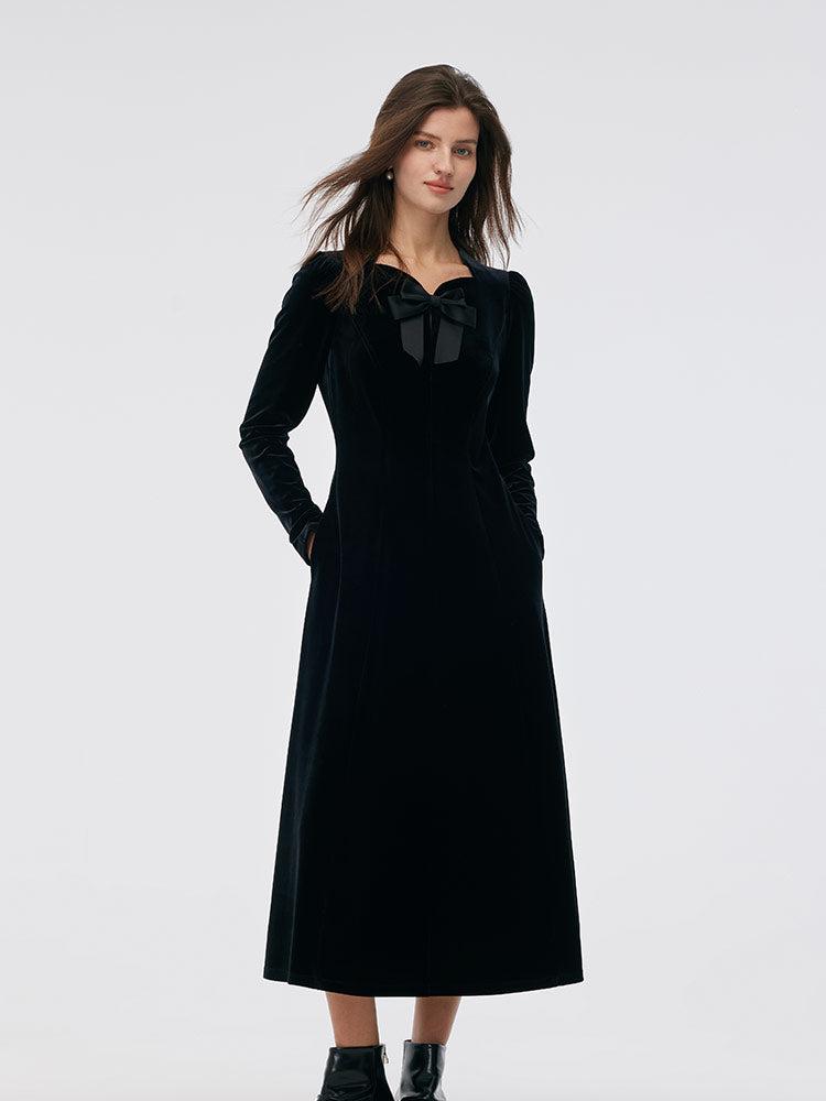 Velvet Scallop Neckline Women Midi Dress Product Image