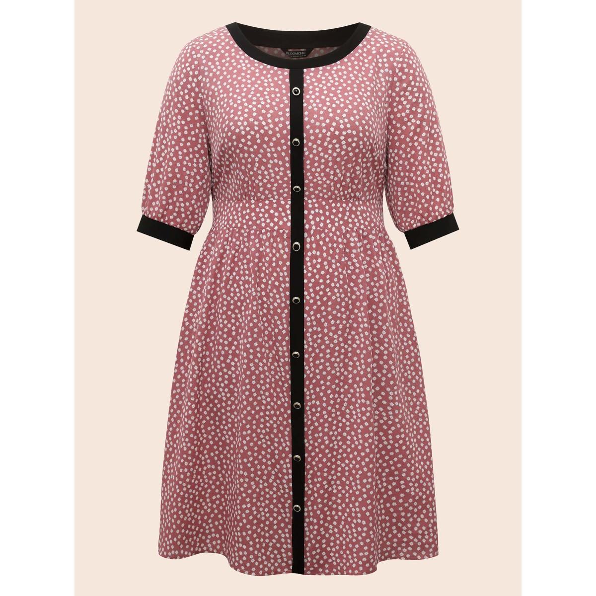 Plus Size Ditsy Floral Contrast Trim Button Detail Dress DustyPink Women Elegant Gathered Boat Neck Half Sleeve Curvy BloomChic 28/5X Product Image