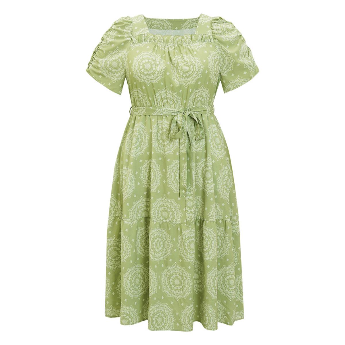 Plus Size Bandana Print Ruched Sleeve Frill Trim Pocket Belt Dress LightGreen Women Vacation Ruched Square Neck Short sleeve Curvy Midi Dress BloomChic 10/M Product Image