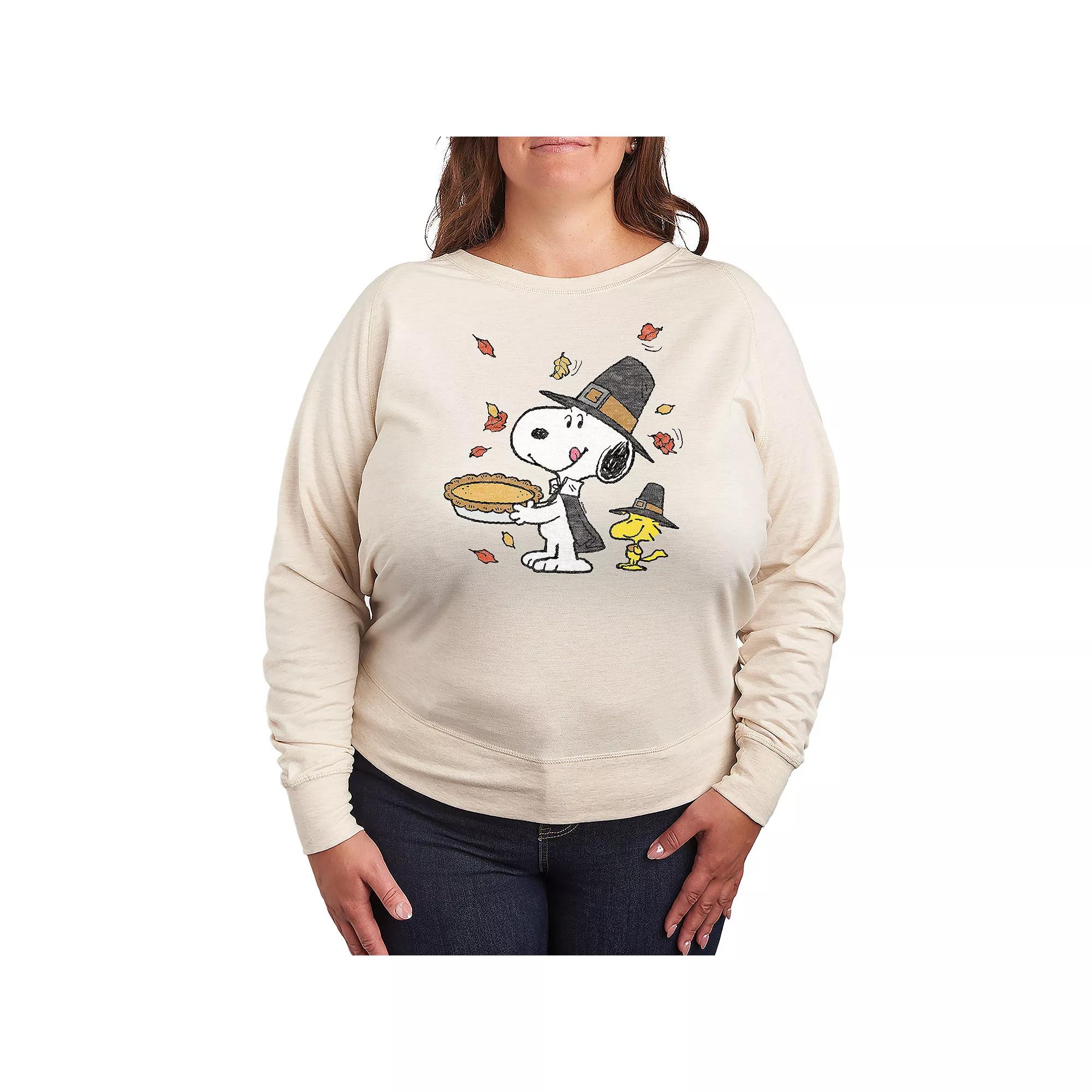 Plus Size Peanuts Snoopy & Woodstock Thanksgiving French Terry Long Sleeve Tee, Women's, Size: 1XL, Beige Product Image