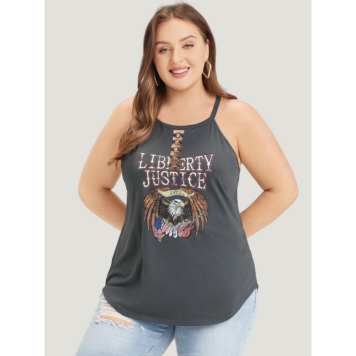 Plus Size Eagle & Letter Print Halter Metal Detail Cut Out Cami Top Women DimGray Casual Arc Hem Dailywear Tank Tops Camis BloomChic 14-16/1X Product Image