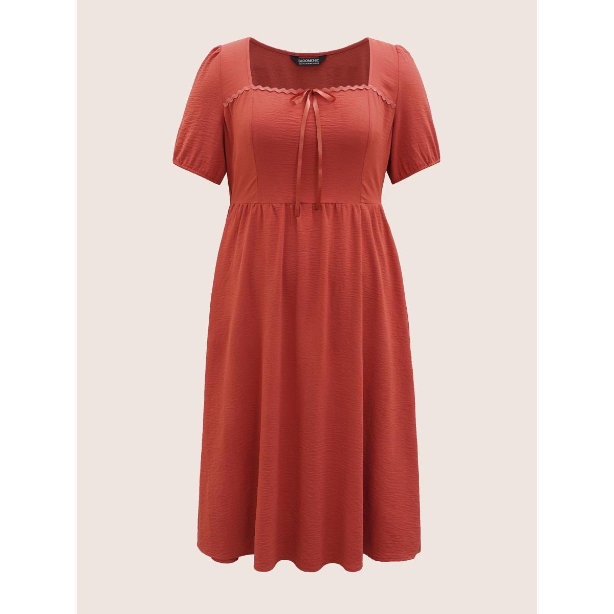 Plus Size Square Neck Woven Ribbon Patchwork Bowknot Dress Rust Women Elegant Woven ribbon&lace trim Square Neck Short sleeve Curvy BloomChic 30/6X Product Image