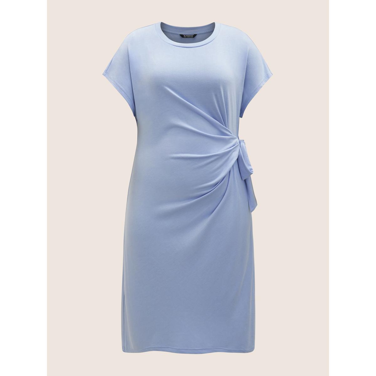 Plus Size Plain Tie Knot Batwing Sleeve Dress LightBlue Women Casual Tie knot Round Neck Cap Sleeve Curvy BloomChic 30/6X Product Image