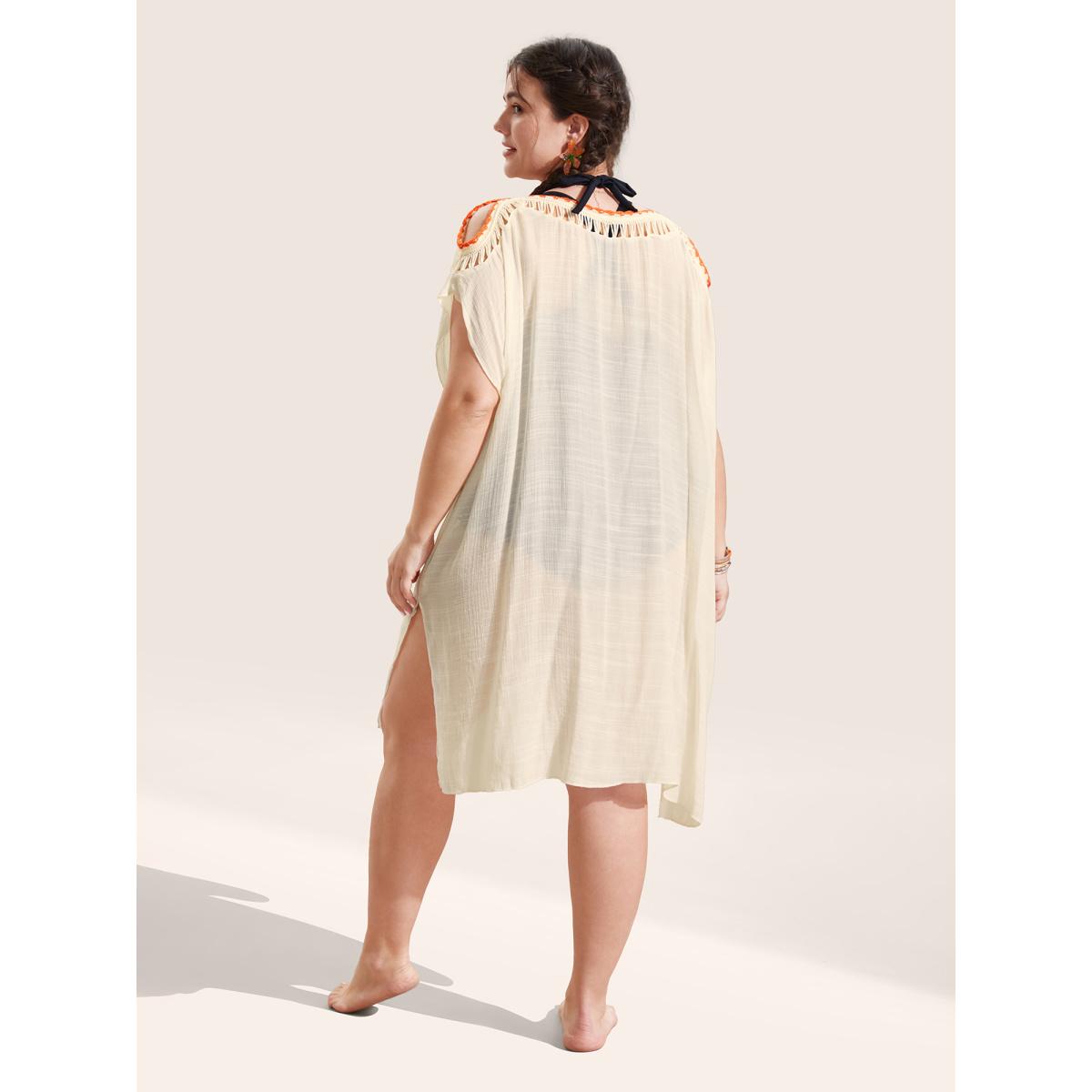 Plus Size Contrast Crochet Cut Out Slit Hem Swim Cover Up Women's Swimwear Ivory Beach Loose Crochet Curve Swim Cover Ups BloomChic 26/4X Product Image