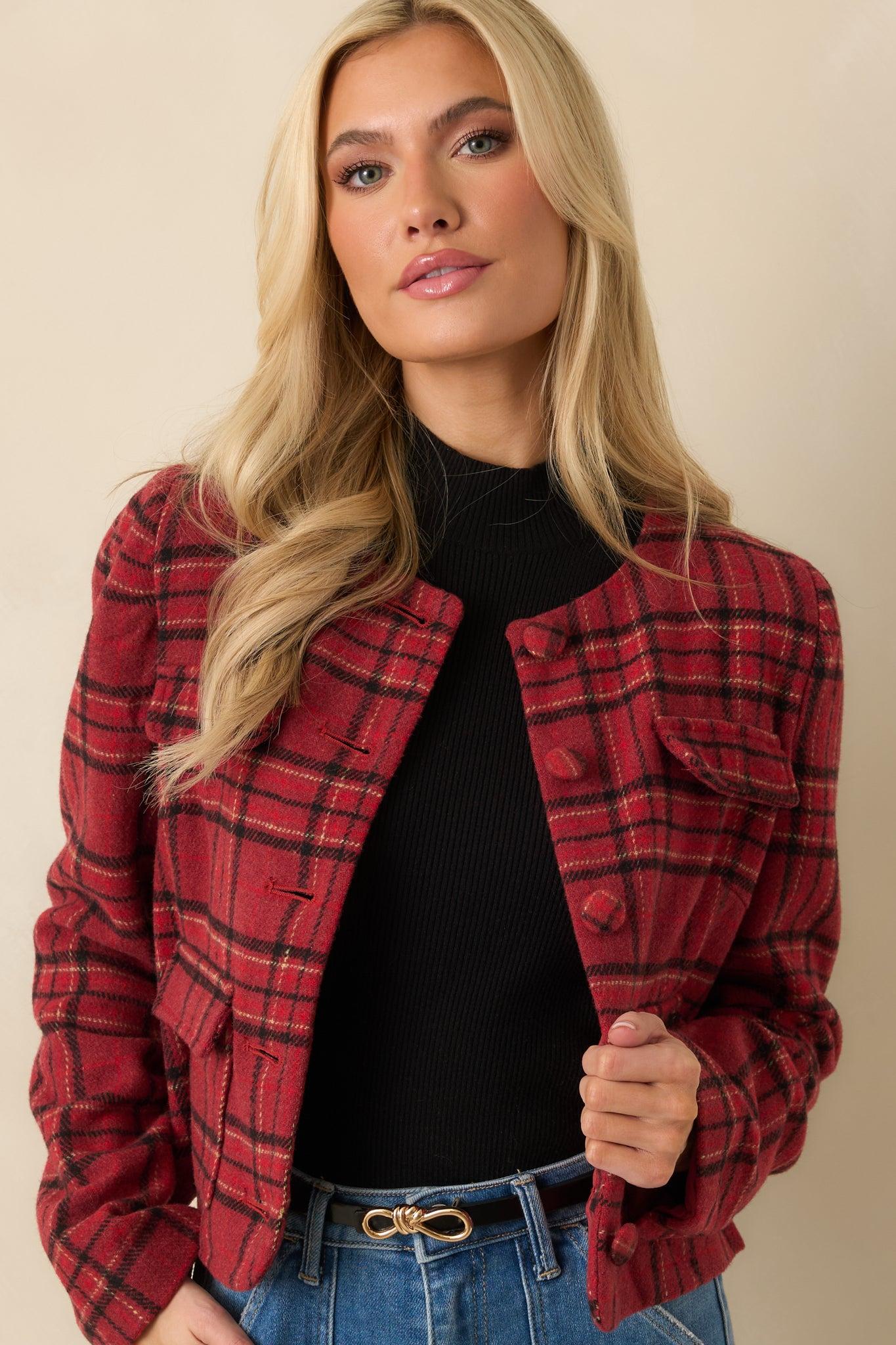 All In Good Taste Merlot Red Plaid Button Up Jacket Product Image