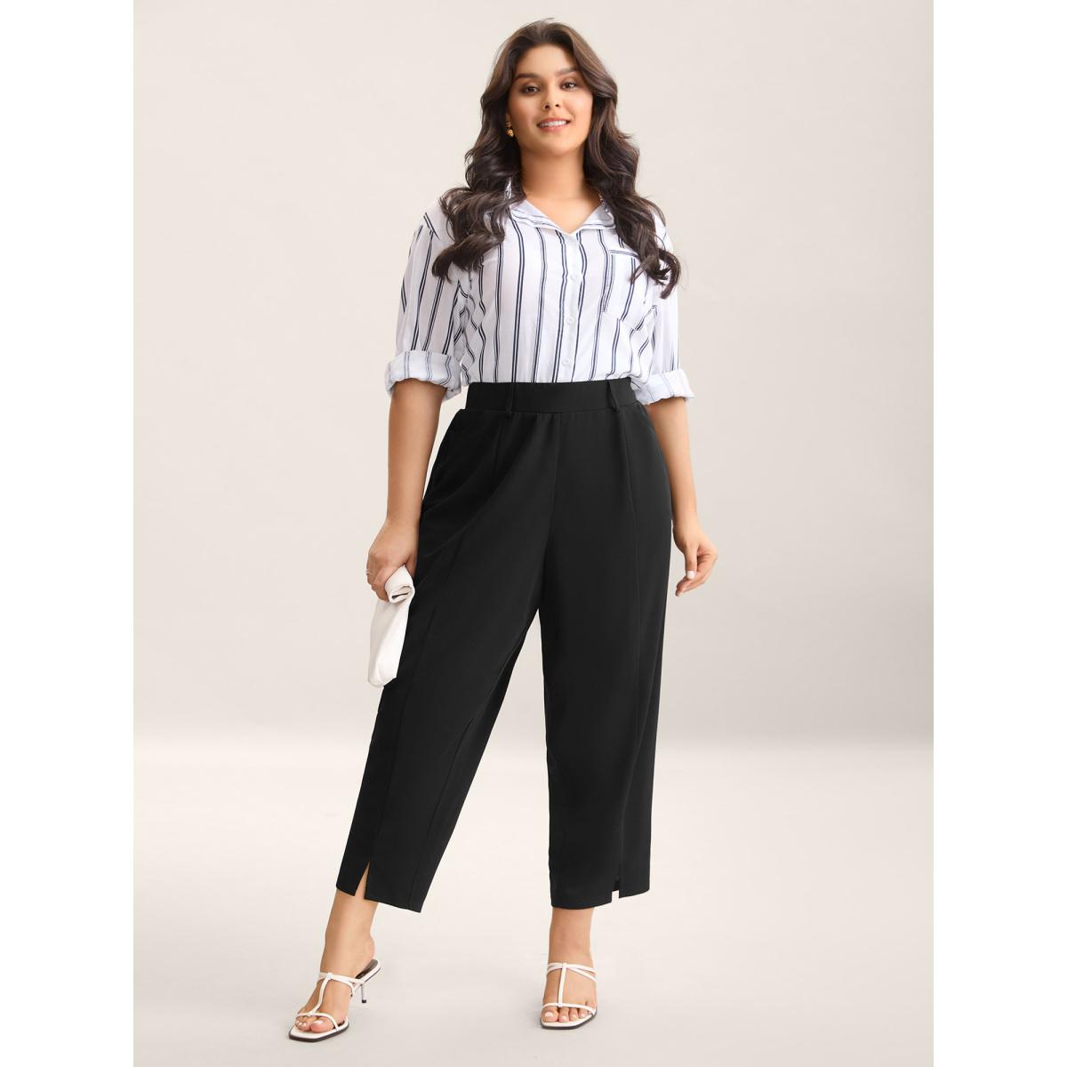 Plus Size Seamed Split Hem Straight-Leg Pants Women Black Office Straight Leg Mid Rise Office Pants BloomChic 10/M Product Image