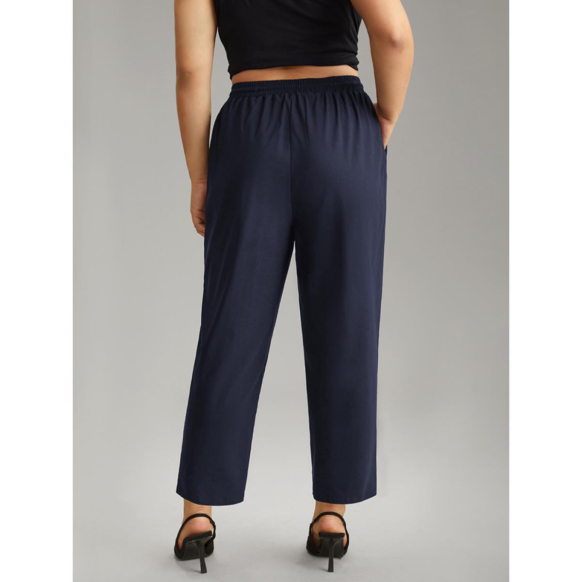Plus Size Solid Drawstring Pocket Elastic Waist Pants Women Indigo Casual Straight Leg High Rise Dailywear Pants BloomChic 12/L Product Image