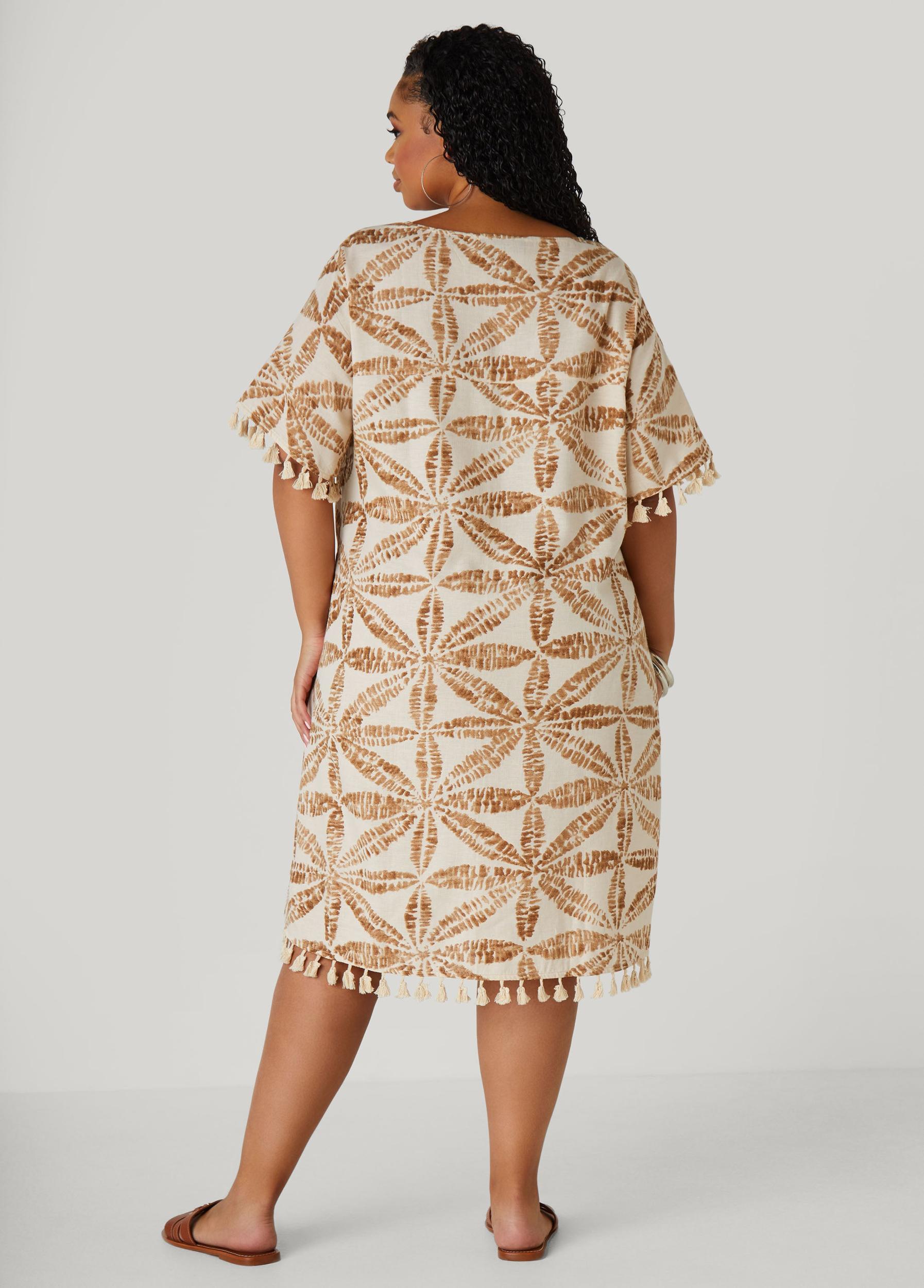 Plus Size Tasseled Palm Print Dress Ashley Stewart Product Image