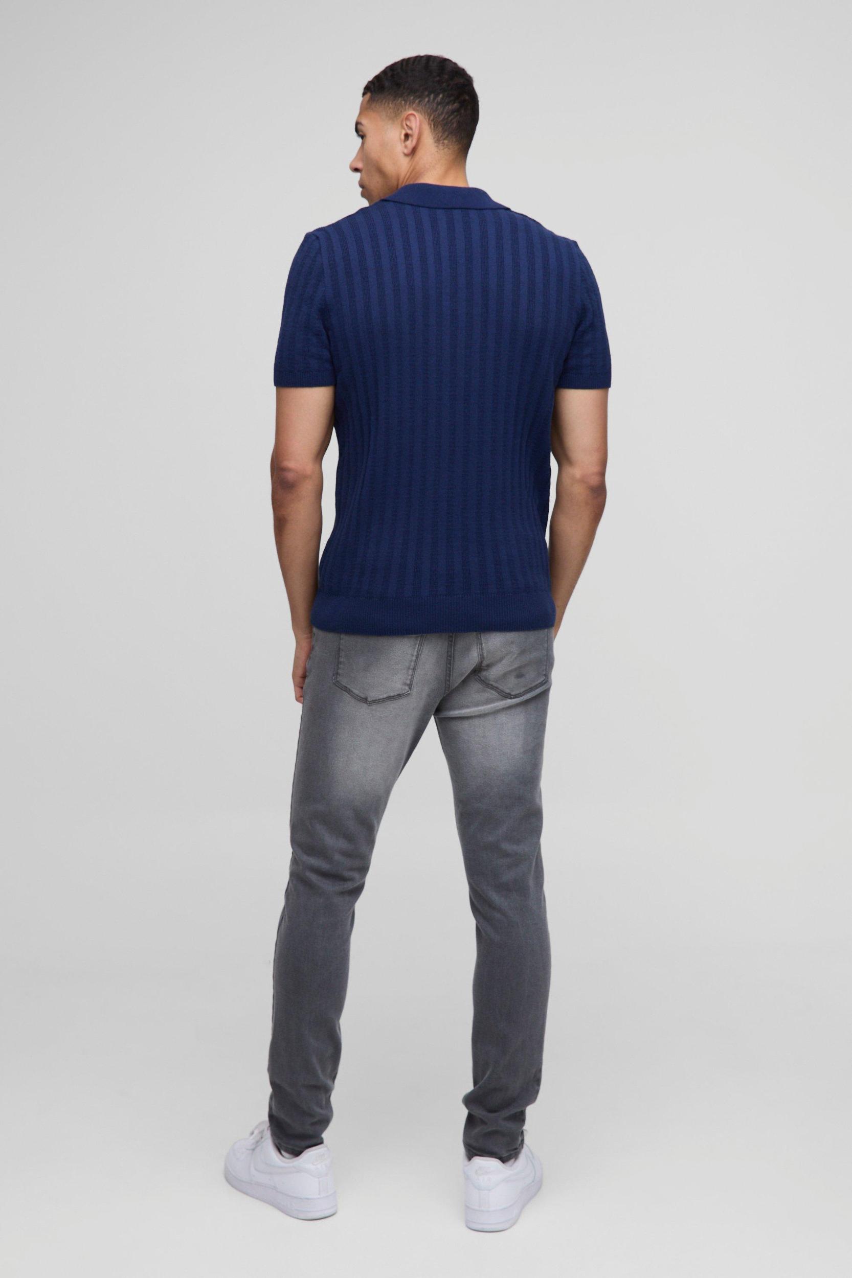 Regular Ribbed Panel Knitted Polo | boohooMAN USA Product Image