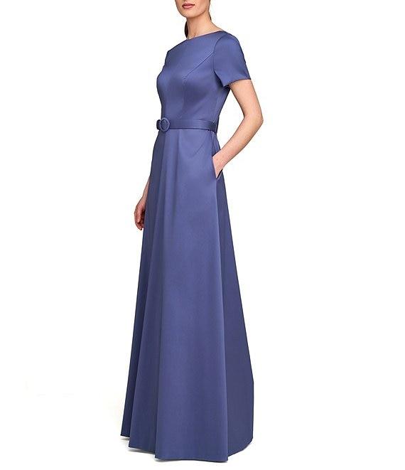 Kay Unger Louisa Stretch Mikado Boat Neck Short Sleeve Belted A-Line Gown Product Image