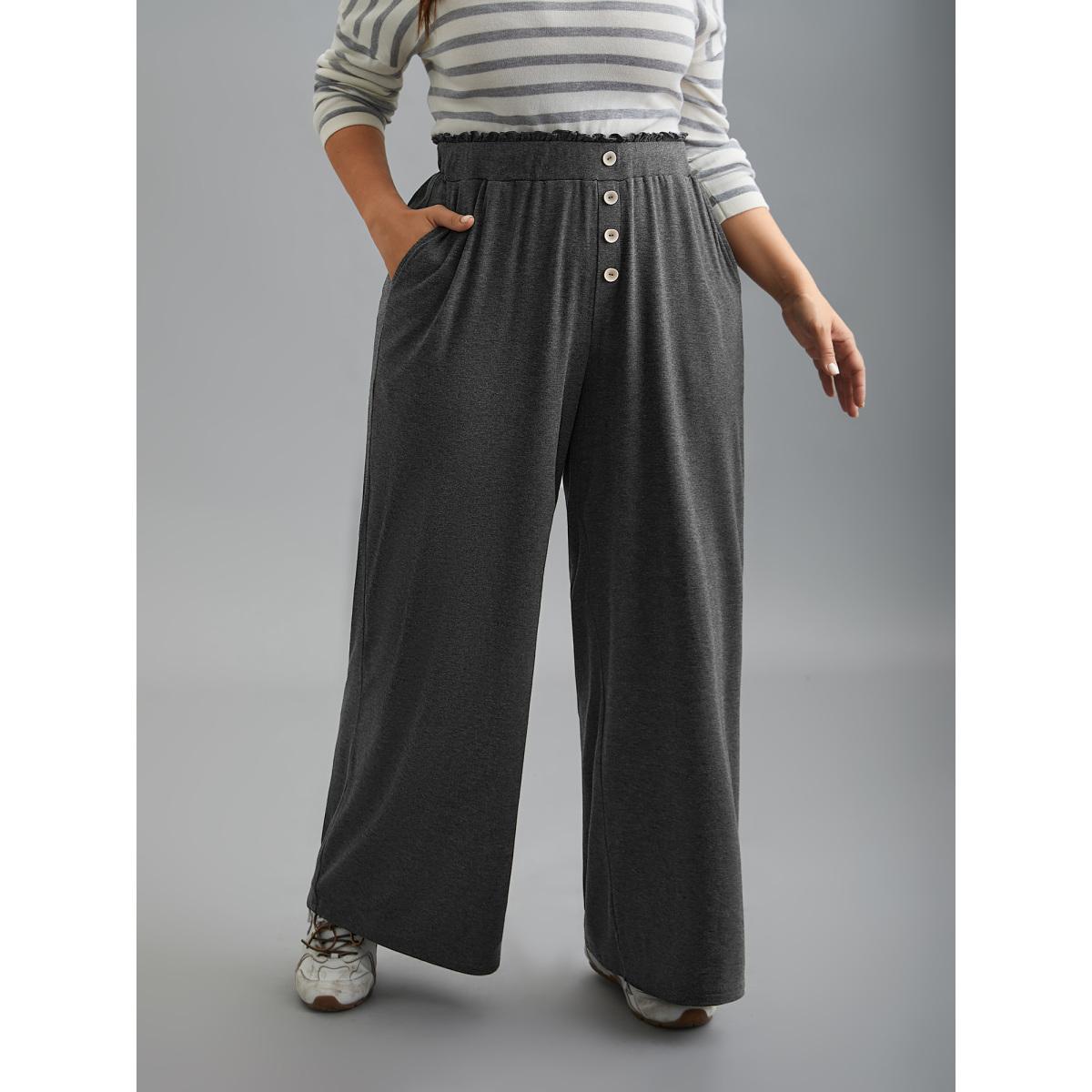 Plus Size Button-Front Ruffled Waist Stretchy Pants Women DimGray Casual Wide Leg Mid Rise Everyday Pants BloomChic 26/4X Product Image
