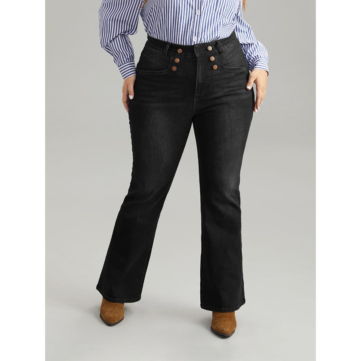 Plus Size Flare Leg Button Detail High Rise Jeans Women Black Casual Plain Non High stretch Slanted pocket Jeans BloomChic 18/2X Product Image