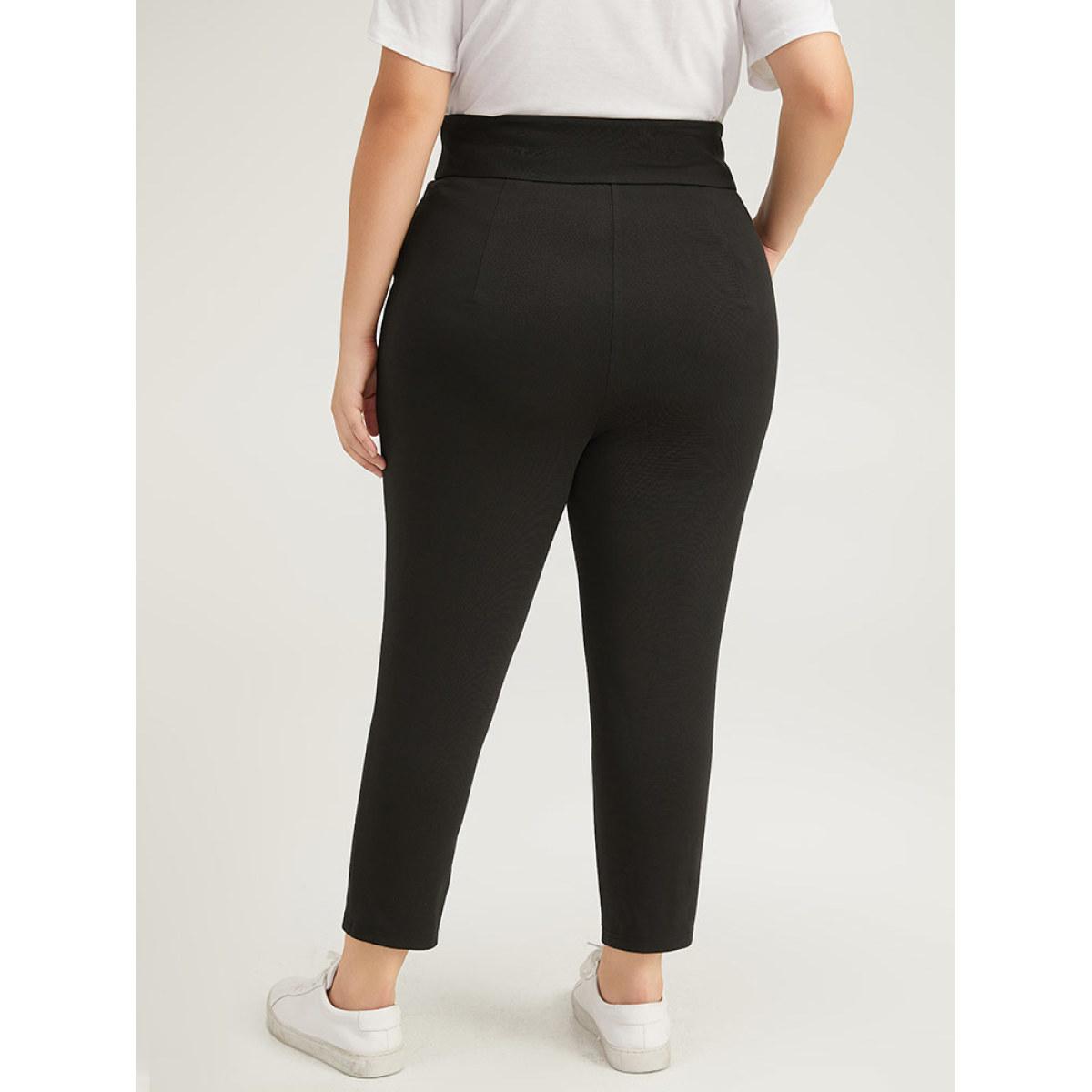 Plus Size Plain Wideband Waist Pocket Scalloped Trim Skinny Leggings Women Black Casual Bodycon High Rise Everyday Pants BloomChic 28/5X Product Image