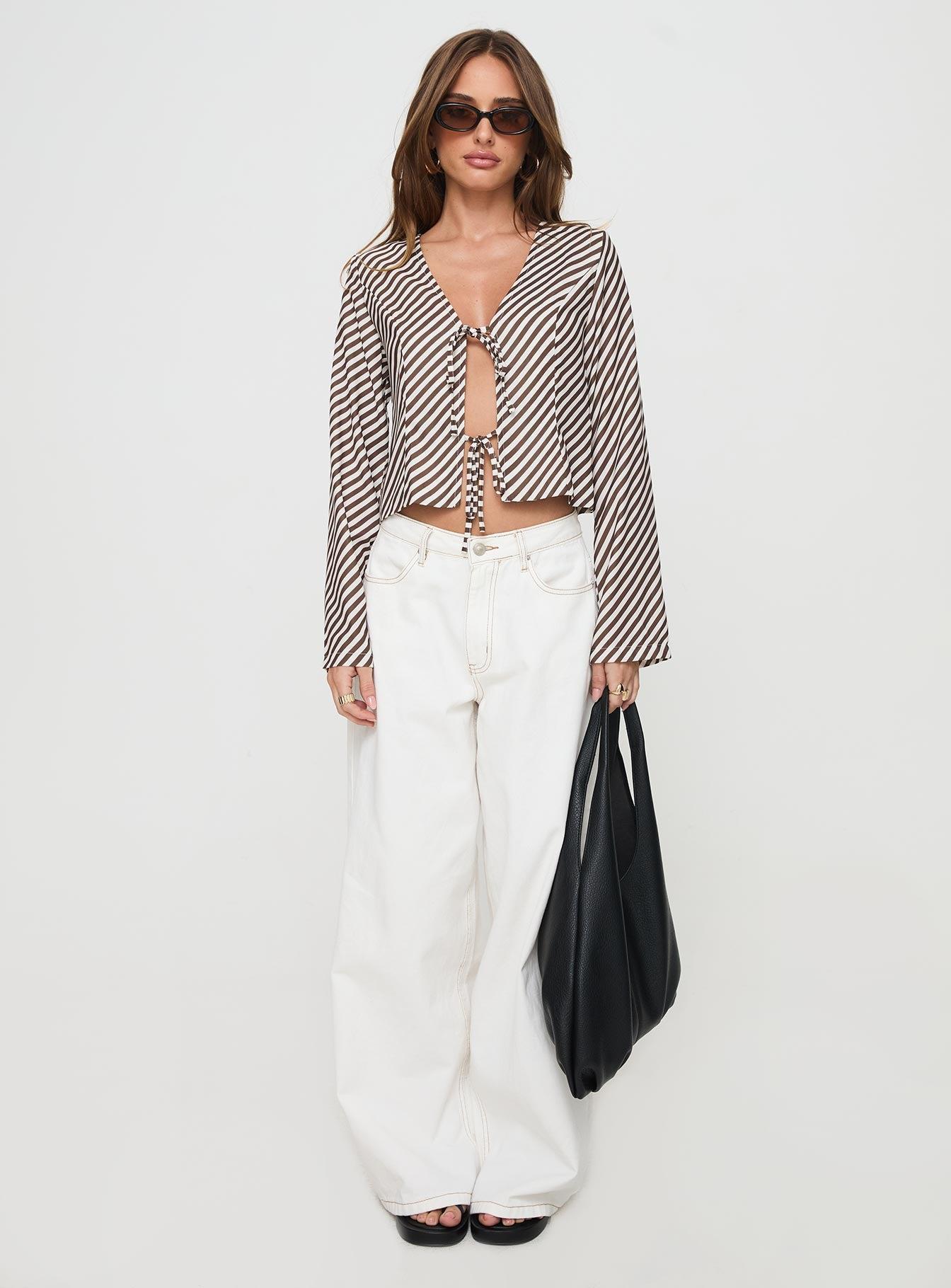 Maxette Long Sleeve Tie Top Brown Stripe Product Image