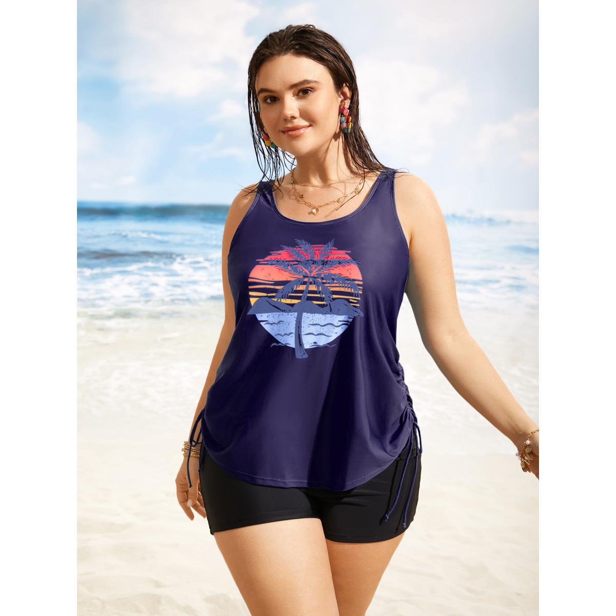 Plus Size Island Print Drawstring Adjustable Swim Top Women's Swimwear Midnight Resort Contrast High stretch Loose U-neck Curve Swim Tops BloomChic 30/6X Product Image